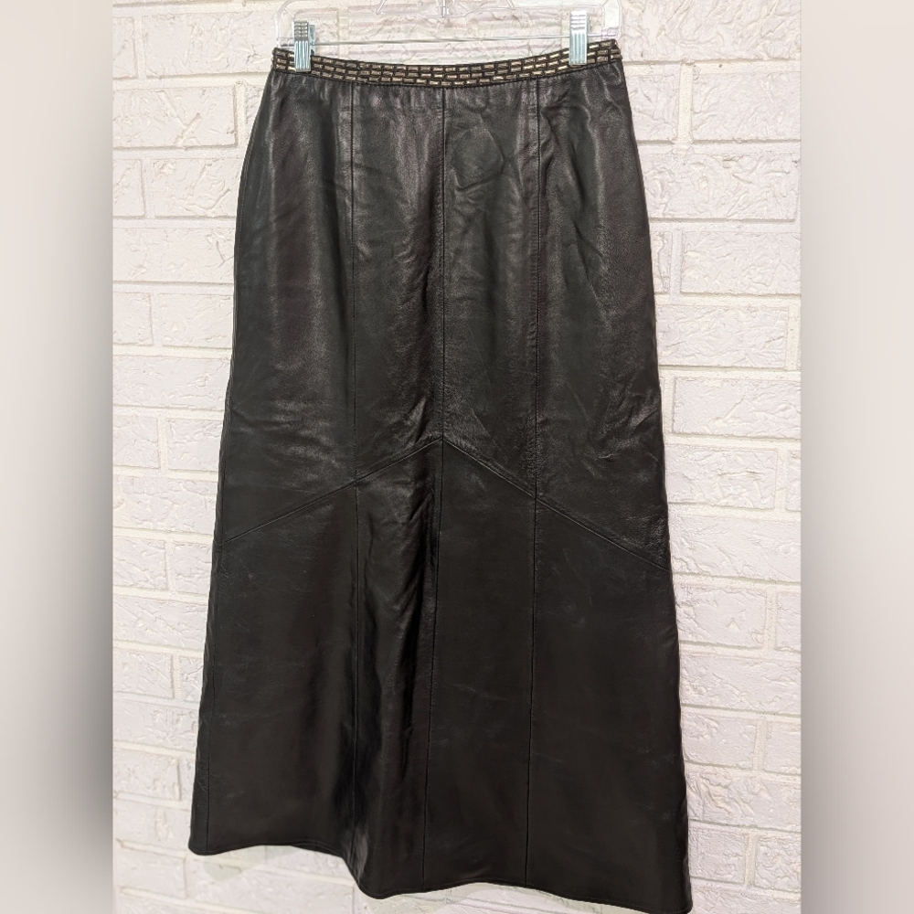 Vintage 80's Black Leather Skirt Witchy Fall Long Studded Gothic Edgy Boho Soft